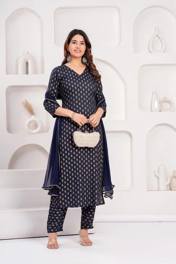 Navy_Blue_Floral_Printed_Viscose_Rayon_Kurta_Set_For_Women