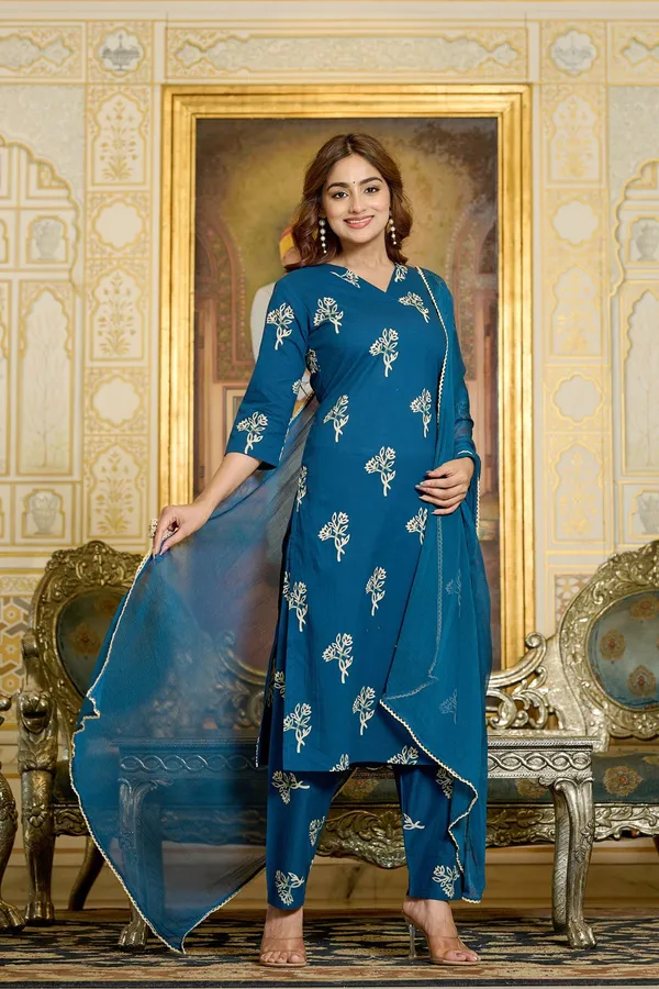 Teal_Floral_Printed_Pure_Cotton_Kurta_Set_For_Women