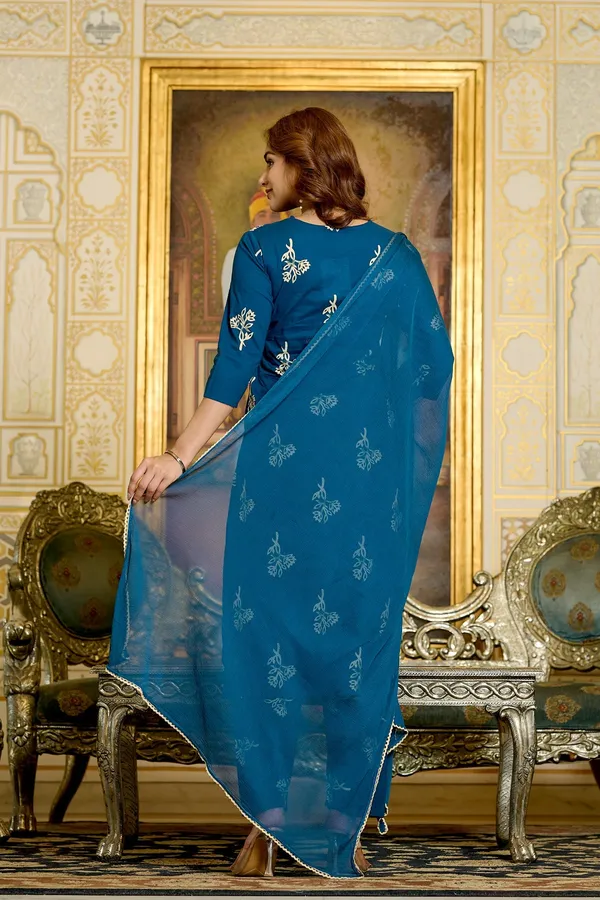 Teal_Floral_Printed_Pure_Cotton_Kurta_Set_For_Women