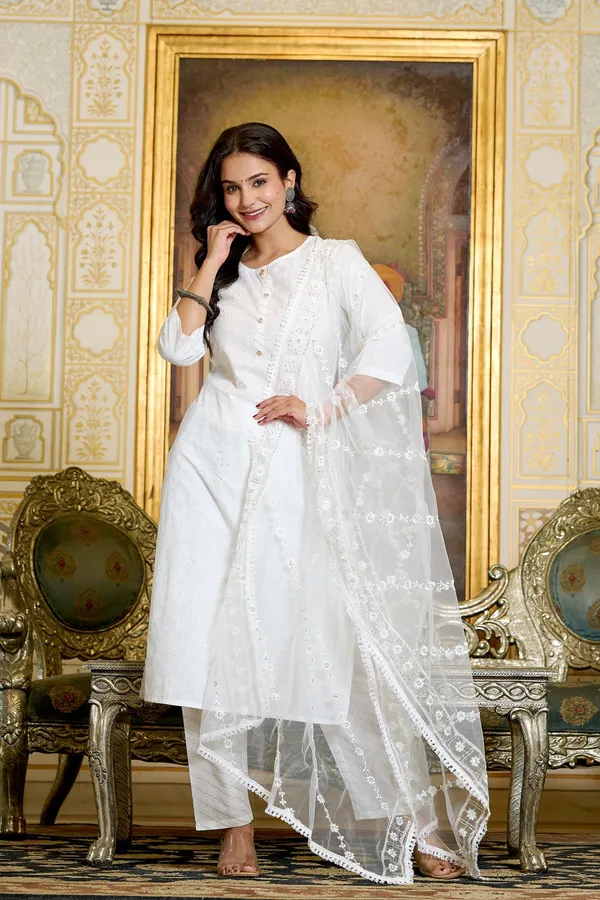White_Floral_Printed_Pure_Cotton_Kurta_Set_For_Women