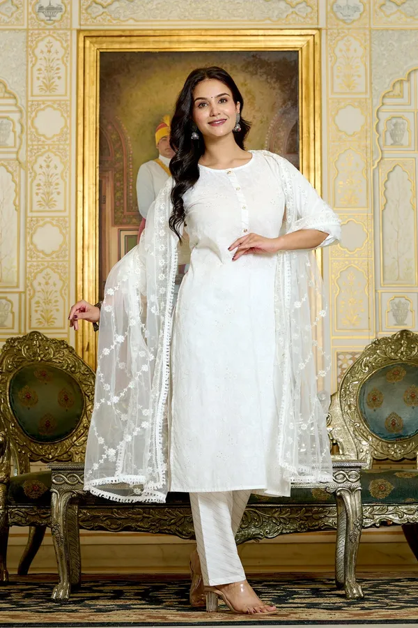 White_Floral_Printed_Pure_Cotton_Kurta_Set_For_Women