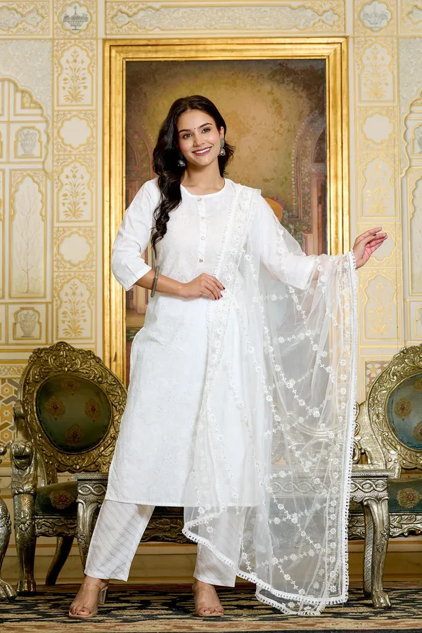 White_Floral_Printed_Pure_Cotton_Kurta_Set_For_Women
