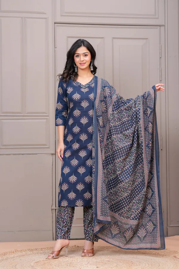 Navy_Blue_Floral_Printed_Pure_Cotton_Kurta_Set_For_Women