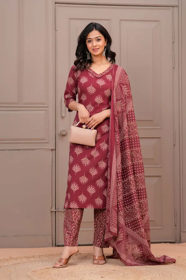 Maroon_Floral_Printed_Pure_Cotton_Kurta_Set_For_Women