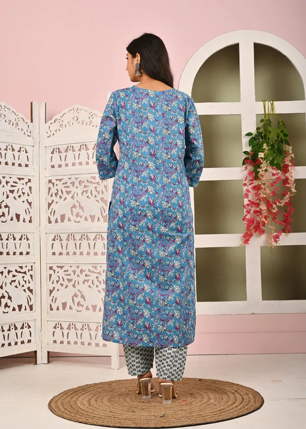 Blue_Floral_Printed_Pure_Cotton_Kurta_Set_For_Women