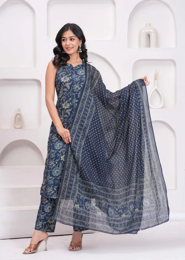 Blue_Floral_Printed_Pure_Cotton_Kurta_Set_For_Women