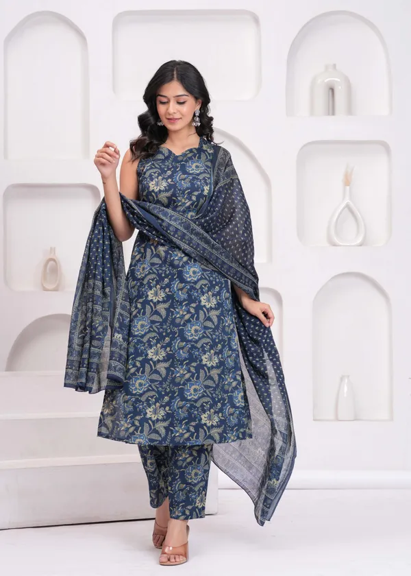 Blue_Floral_Printed_Pure_Cotton_Kurta_Set_For_Women