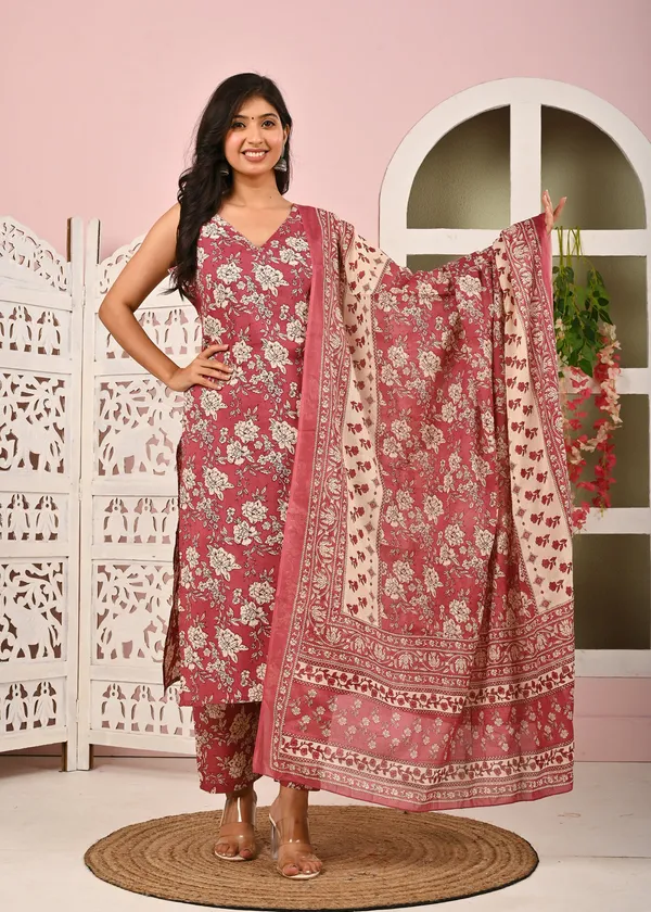 Mauve_Floral_Printed_Pure_Cotton_Kurta_Set_For_Women