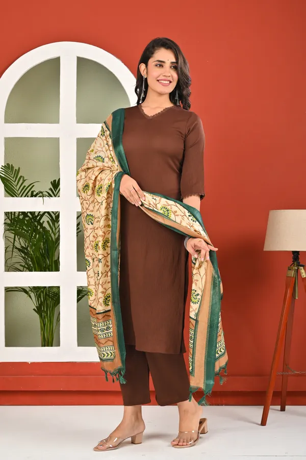Brown_Solid_Polyester_Kurta_Set_For_Women
