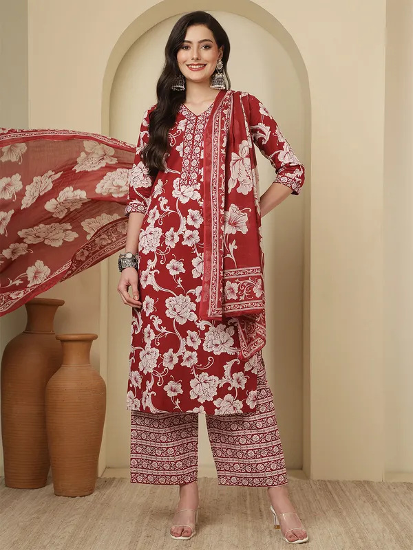 Maroon_Floral_Printed_Pure_Cotton_Kurta_Set_For_Women