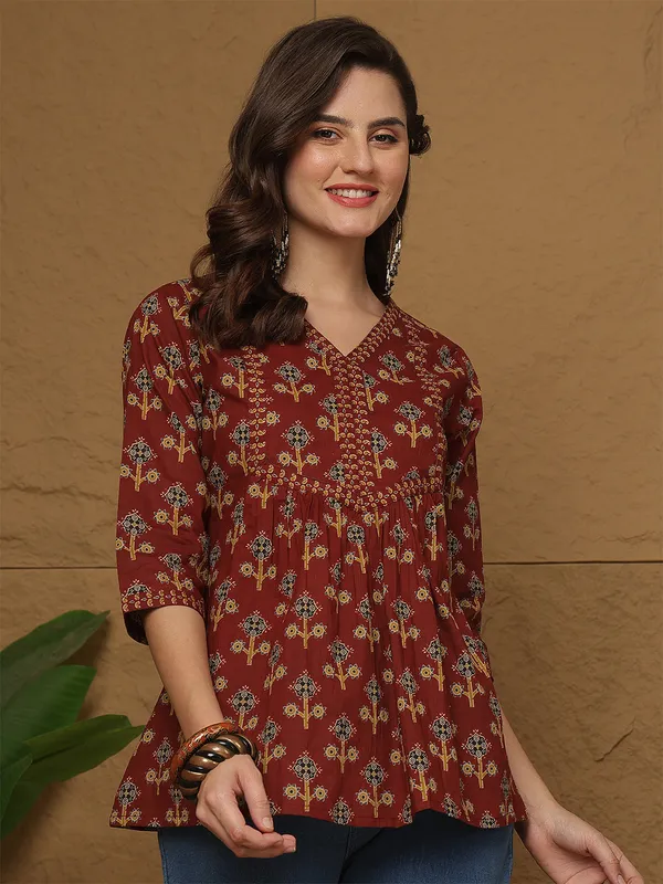 Maroon_Pure_Cotton_Printed_Top_For_Women