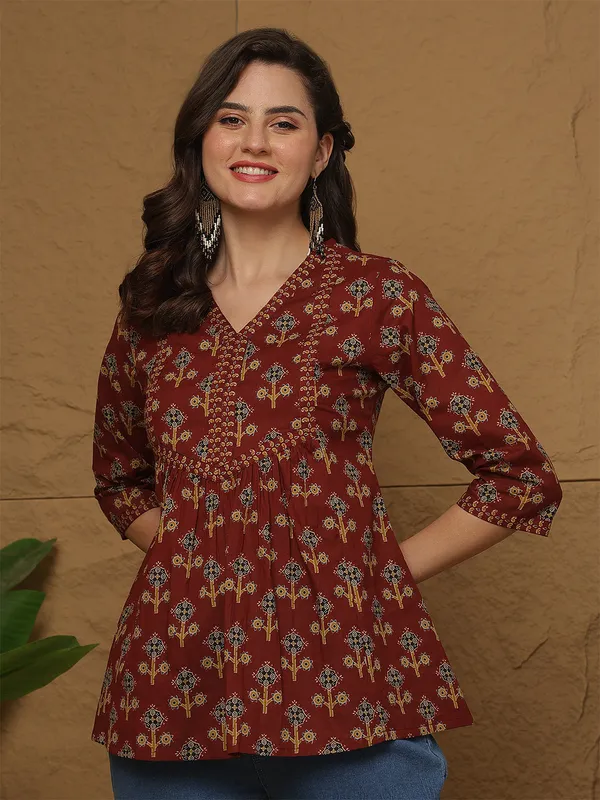 Maroon_Pure_Cotton_Printed_Top_For_Women