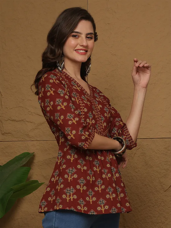 Maroon_Pure_Cotton_Printed_Top_For_Women