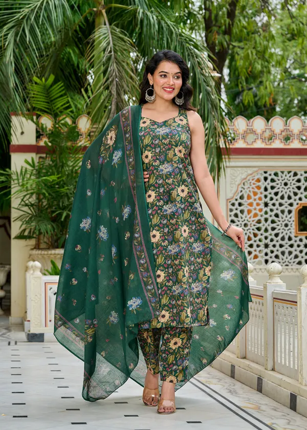 Green_Floral_Printed_Pure_Cotton_Kurta_Set_For_Women