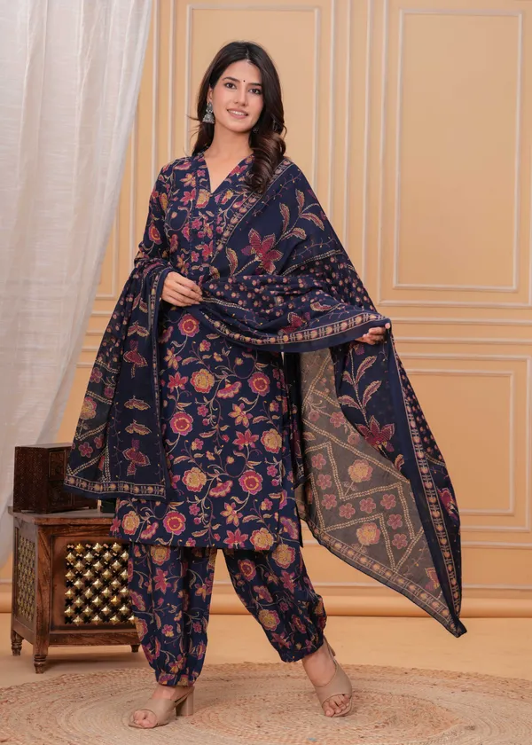 Blue_Floral_Printed_Pure_Cotton_Kurta_Set_For_Women