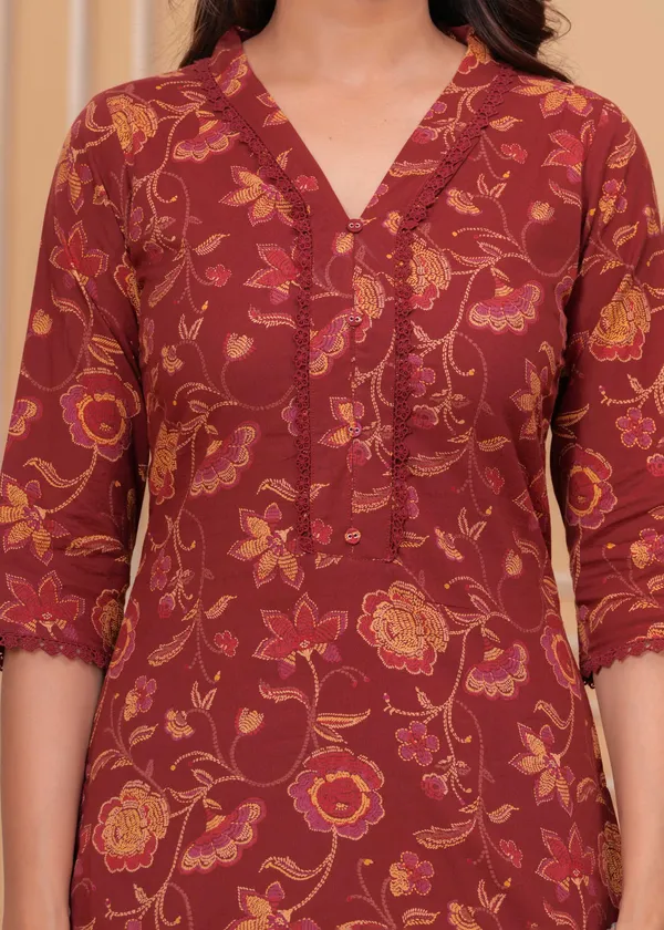 Maroon_Floral_Printed_Pure_Cotton_Kurta_Set_For_Women