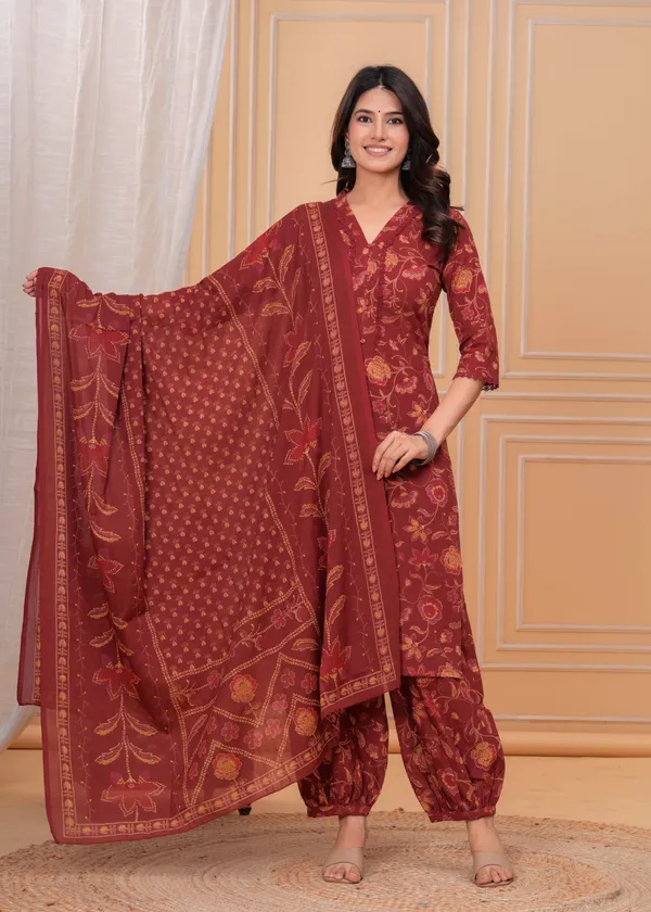 Maroon_Floral_Printed_Pure_Cotton_Kurta_Set_For_Women