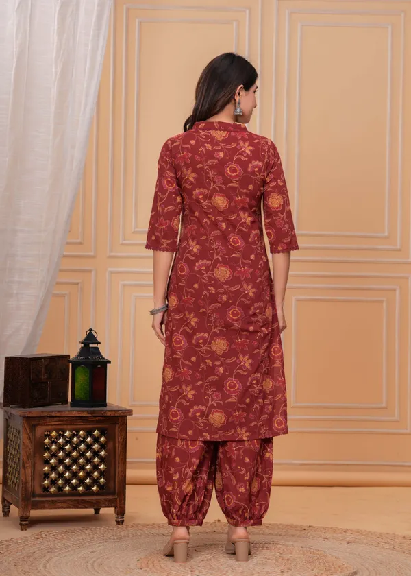 Maroon_Floral_Printed_Pure_Cotton_Kurta_Set_For_Women