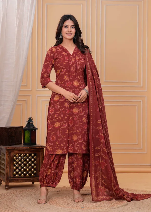 Maroon_Floral_Printed_Pure_Cotton_Kurta_Set_For_Women
