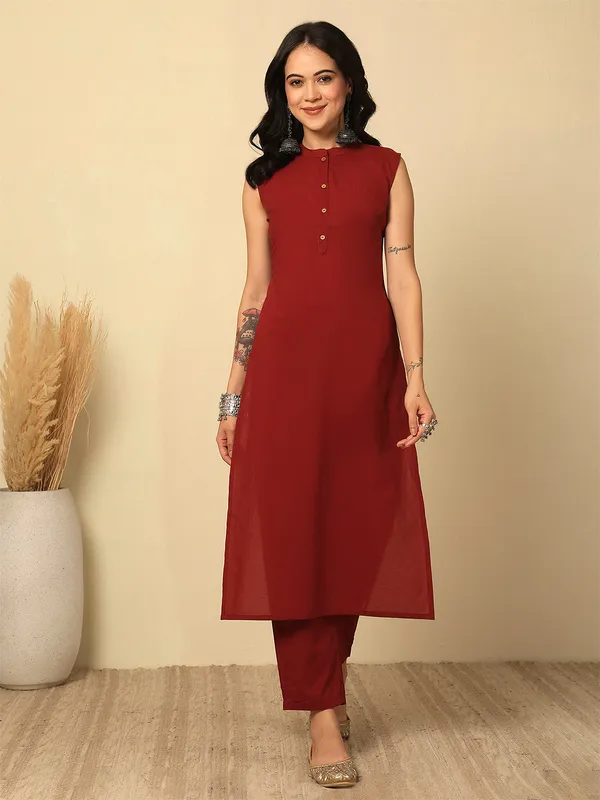 Maroon_Solid_Pure_Cotton_Kurta_Set_For_Women