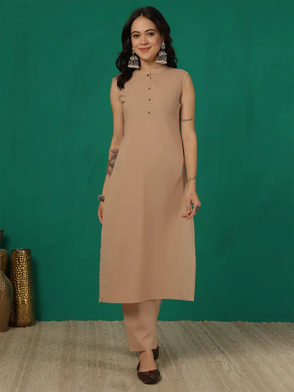 Beige_Solid_Pure_Cotton_Kurta_Set_For_Women