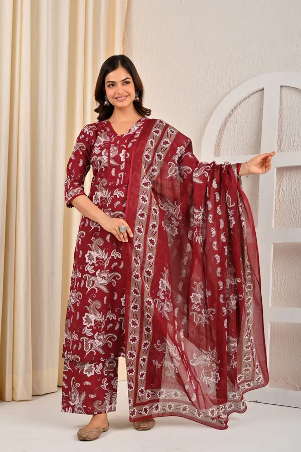 Burgundy_Floral_Printed_Pure_Cotton_Kurta_Set_For_Women