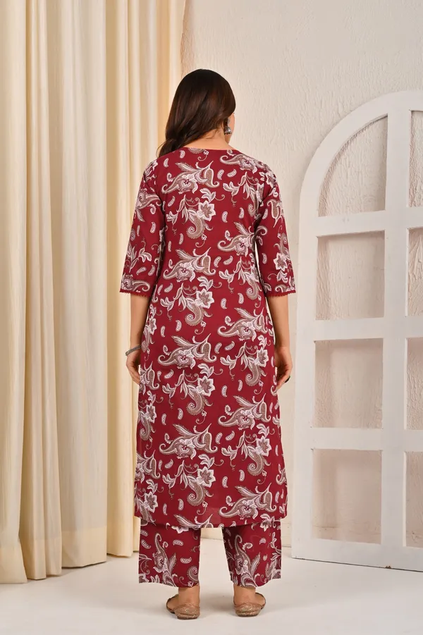 Burgundy_Floral_Printed_Pure_Cotton_Kurta_Set_For_Women