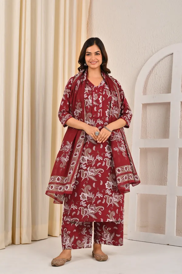 Burgundy_Floral_Printed_Pure_Cotton_Kurta_Set_For_Women