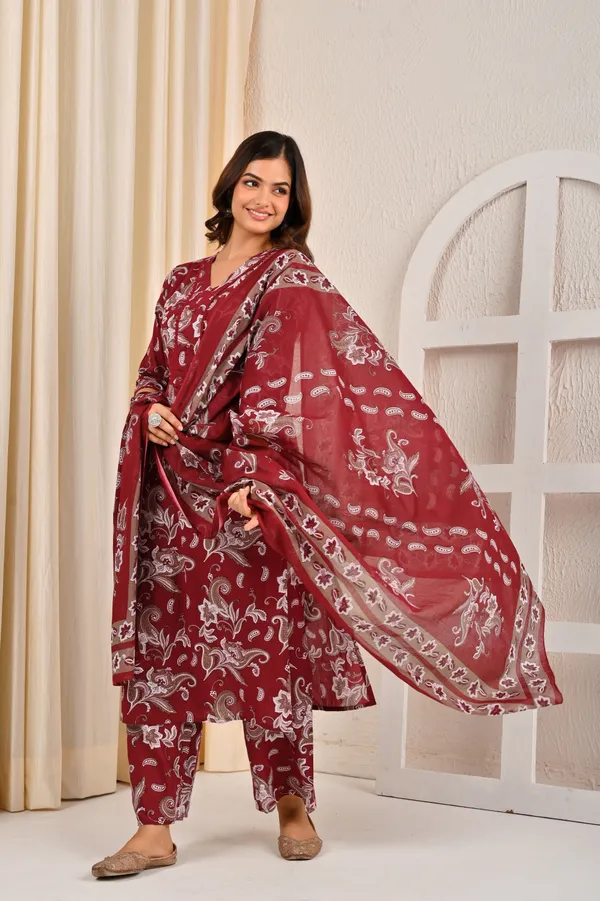 Burgundy_Floral_Printed_Pure_Cotton_Kurta_Set_For_Women