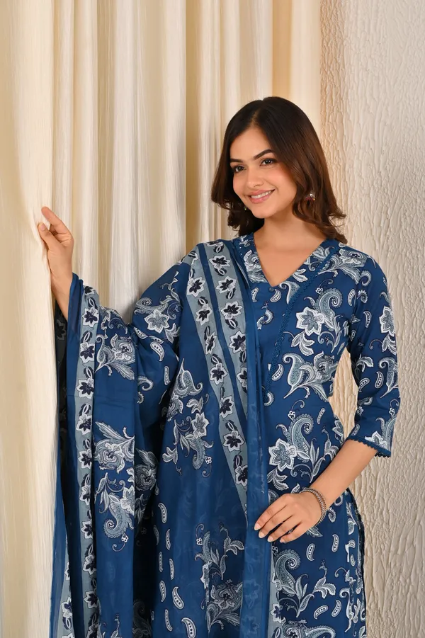 Blue_Floral_Printed_Pure_Cotton_Kurta_Set_For_Women