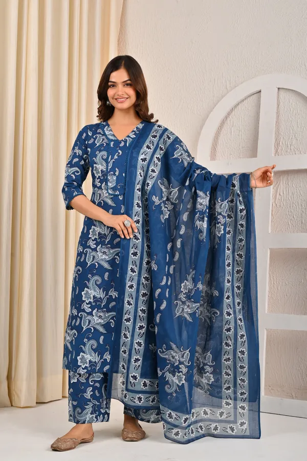 Blue_Floral_Printed_Pure_Cotton_Kurta_Set_For_Women