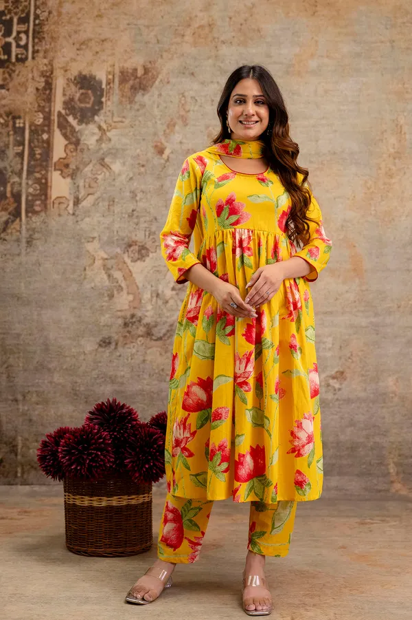 Yellow_Floral_Printed_Pure_Cotton_Kurta_Set_For_Women