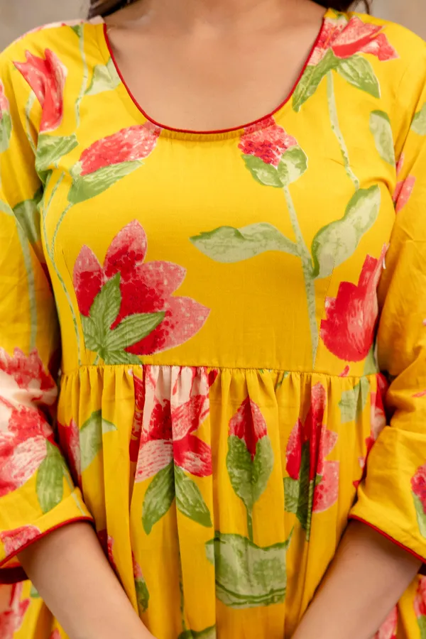 Yellow_Floral_Printed_Pure_Cotton_Kurta_Set_For_Women