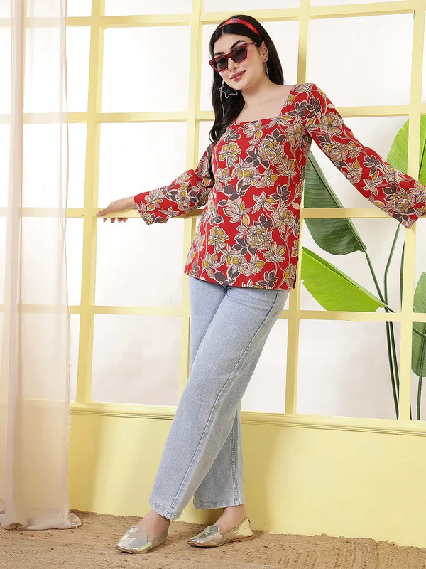 Red__Pure_Cotton_Printed_Tunic_For_Women