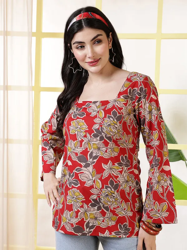 Red__Pure_Cotton_Printed_Tunic_For_Women