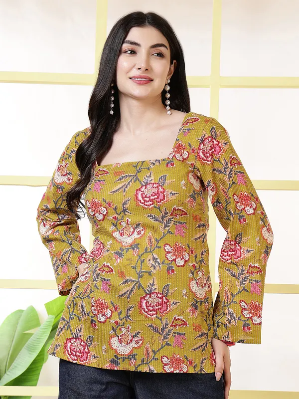 Mustard__Pure_Cotton_Printed_Tunic_For_Women