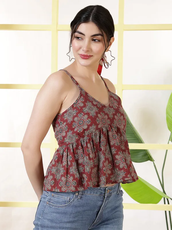 Maroon_Pure_Cotton_Printed_Top_For_Women