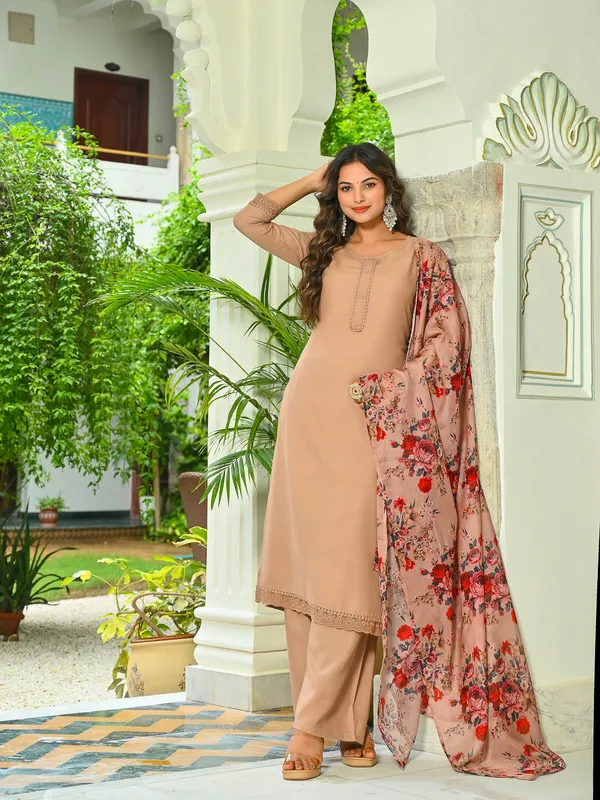 Beige_Solid_Pure_Cotton_Kurta_Set_For_Women