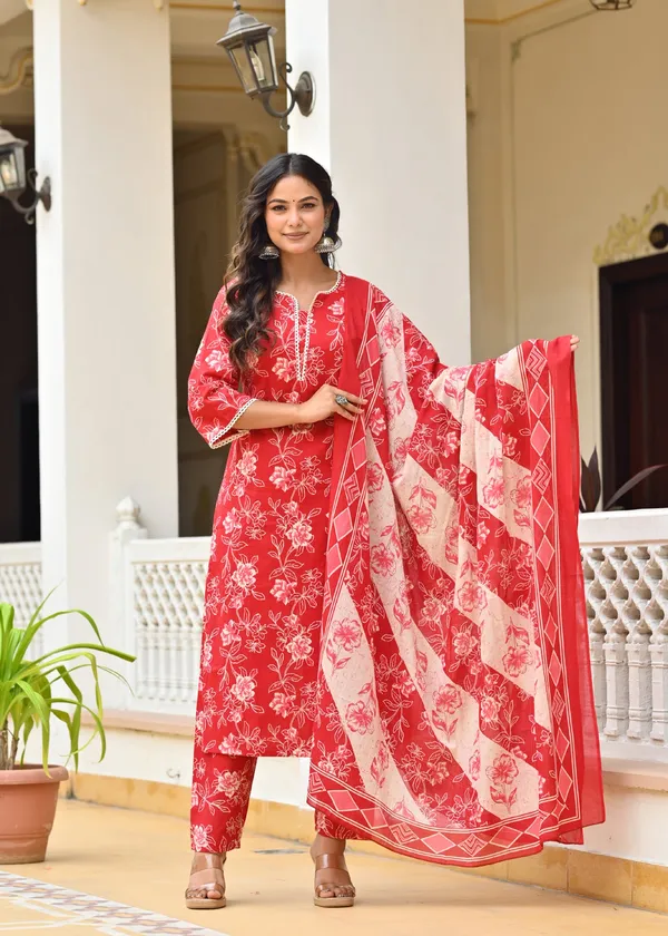 Red_Floral_Printed_Pure_Cotton_Kurta_Set_For_Women