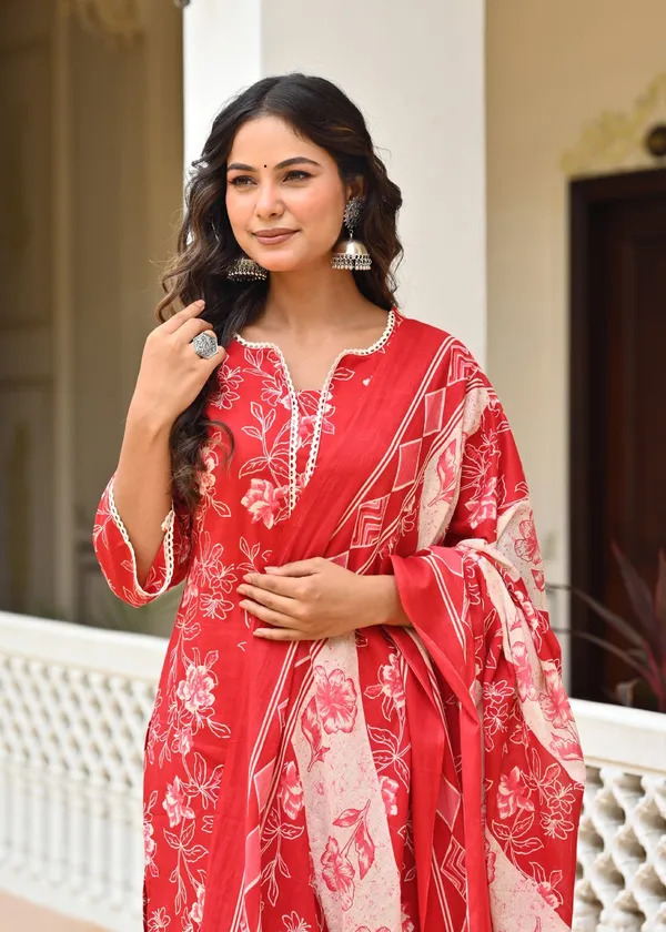 Red_Floral_Printed_Pure_Cotton_Kurta_Set_For_Women