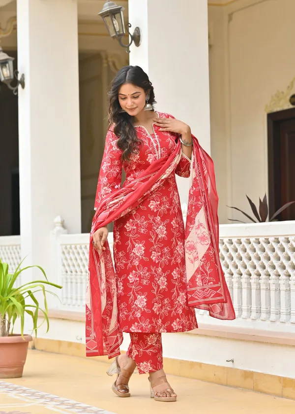 Red_Floral_Printed_Pure_Cotton_Kurta_Set_For_Women
