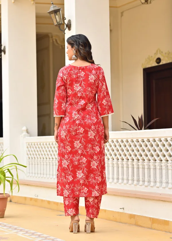 Red_Floral_Printed_Pure_Cotton_Kurta_Set_For_Women