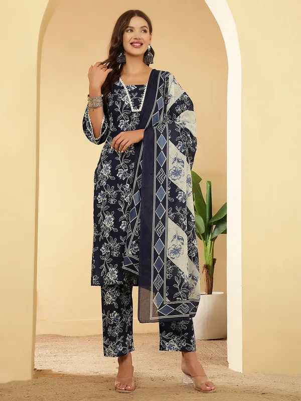 Navy_Blue_Floral_Printed_Pure_Cotton_Kurta_Set_For_Women