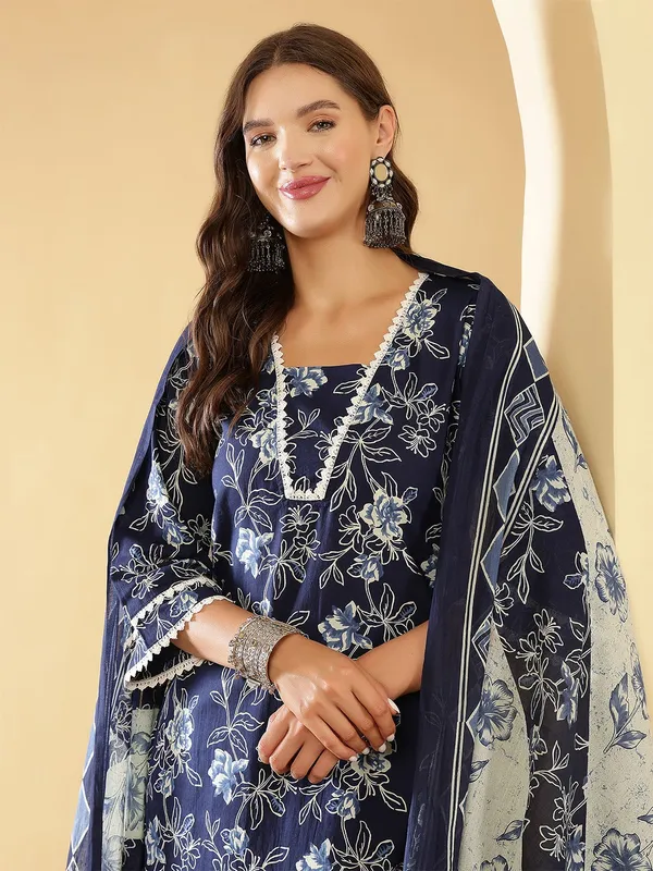 Navy_Blue_Floral_Printed_Pure_Cotton_Kurta_Set_For_Women