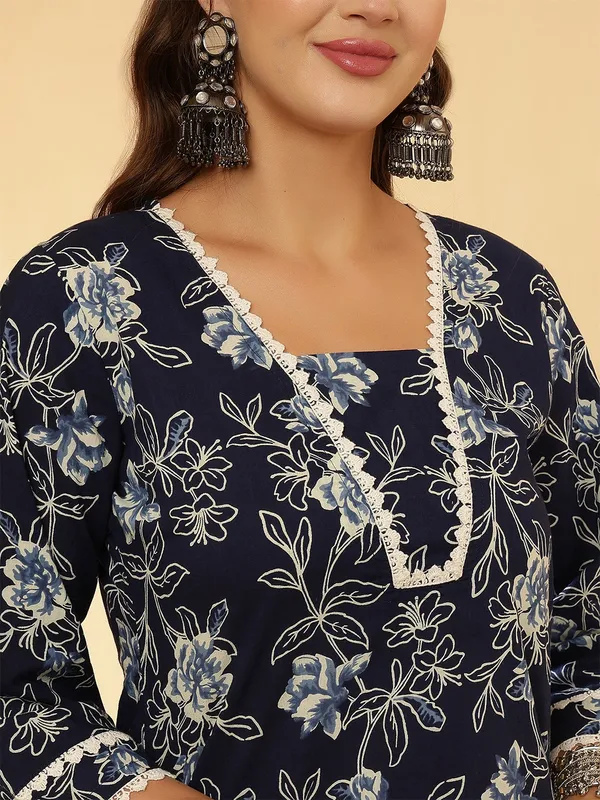 Navy_Blue_Floral_Printed_Pure_Cotton_Kurta_Set_For_Women
