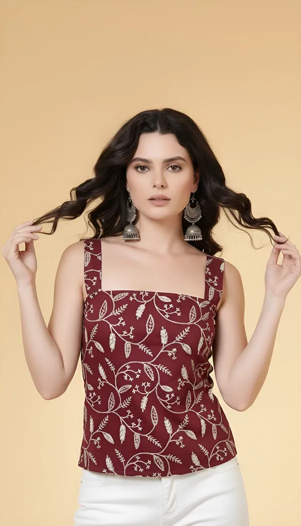 Burgundy_Pure_Cotton_Printed_Top_For_Women