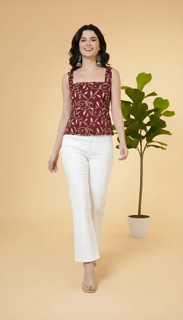 Burgundy_Pure_Cotton_Printed_Top_For_Women