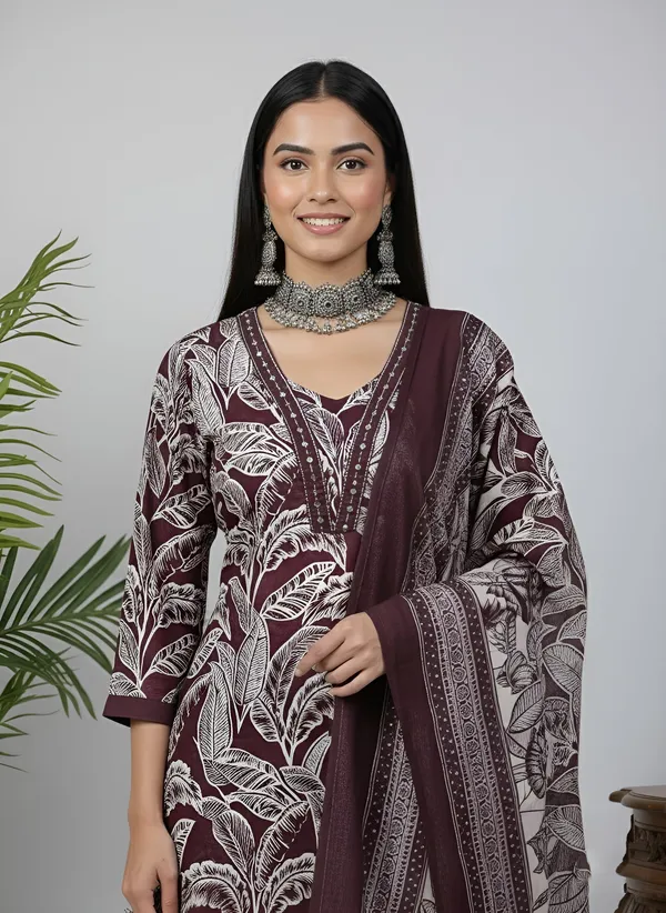 Burgundy_Floral_Printed_Pure_Cotton_Kurta_Set_For_Women