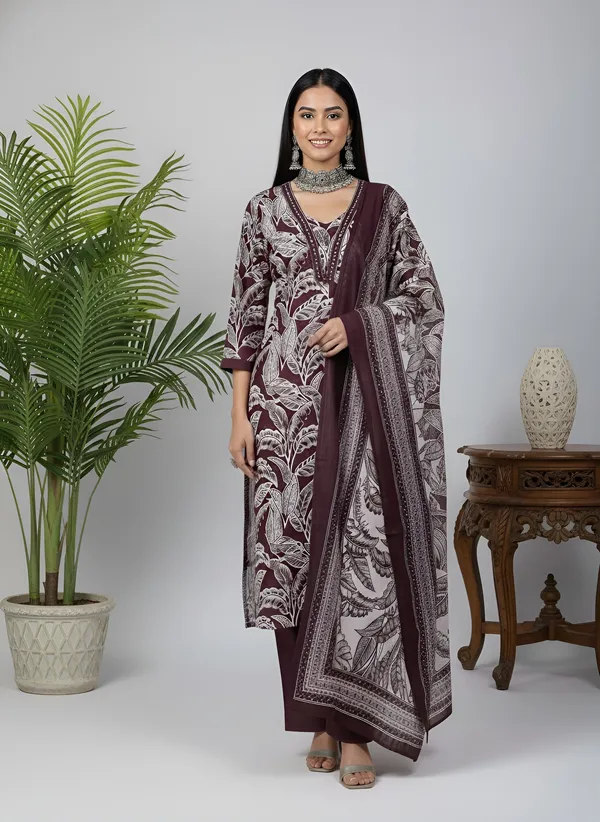 Burgundy_Floral_Printed_Pure_Cotton_Kurta_Set_For_Women