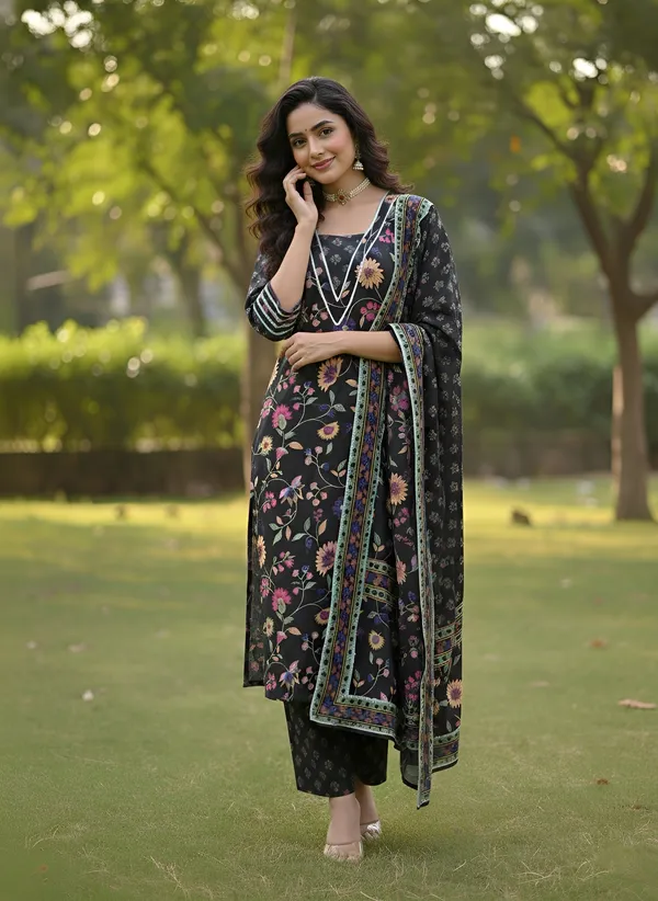 Black_Floral_Printed_Pure_Cotton_Kurta_Set_For_Women
